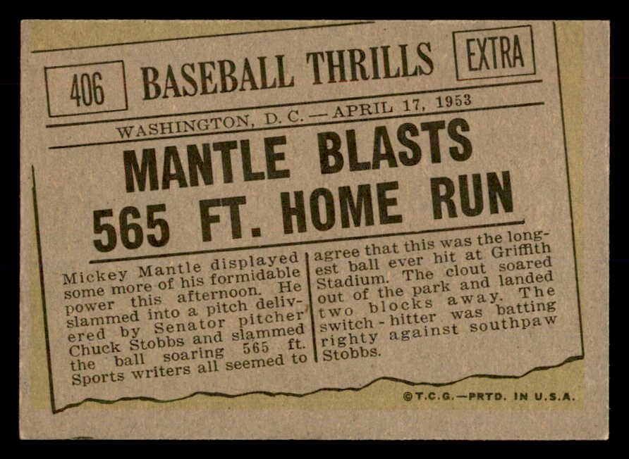 1961 Topps Baseball #406 Mickey Mantle IA Yankees EX+/EX-MT 552766