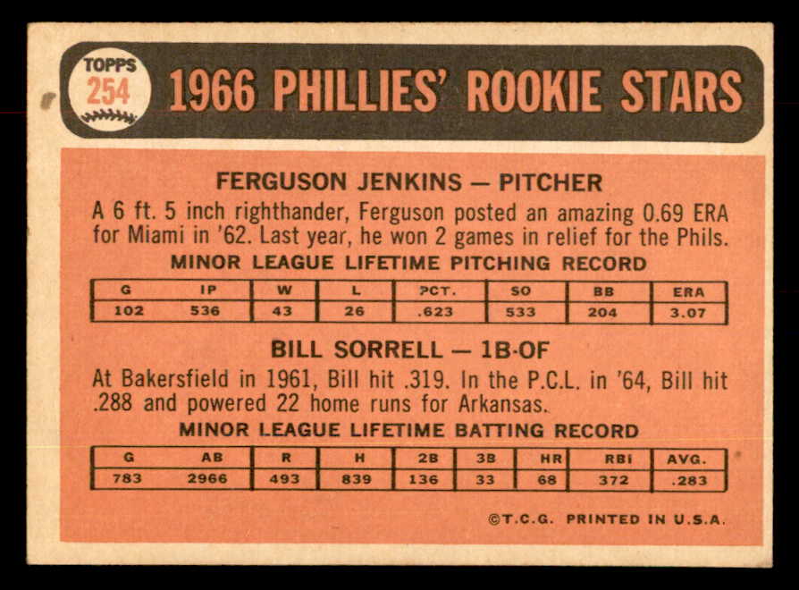 1966 Topps Baseball #254 Fergie Jenkins Phillies EX-MT 552803