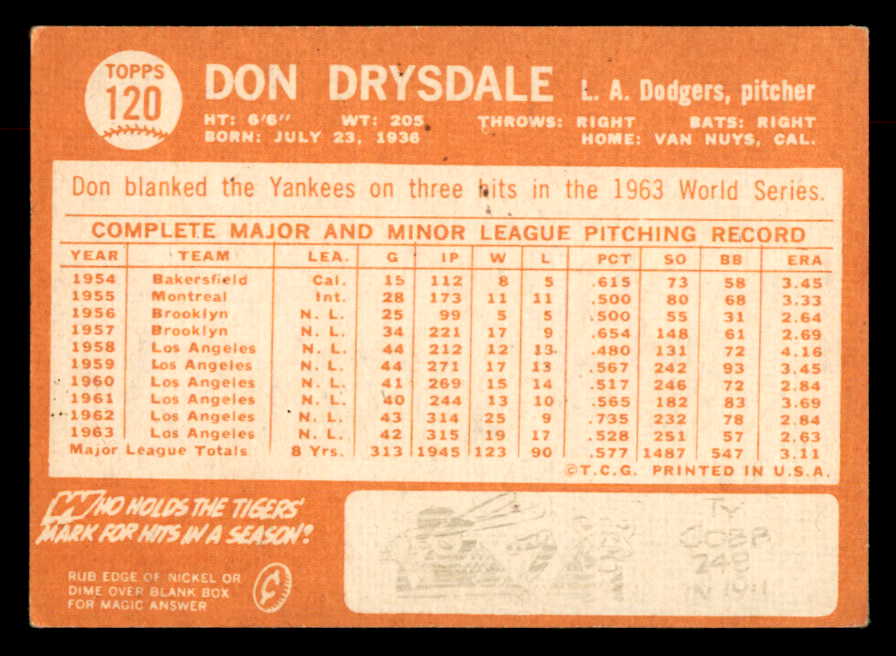1964 Topps Baseball #120 Don Drysdale Dodgers EX 552840