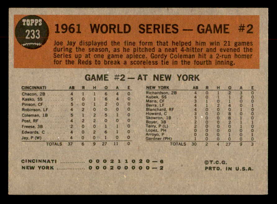 1962 Topps Baseball #233 World Series Game 2 Joe Jay EX-MT 552910