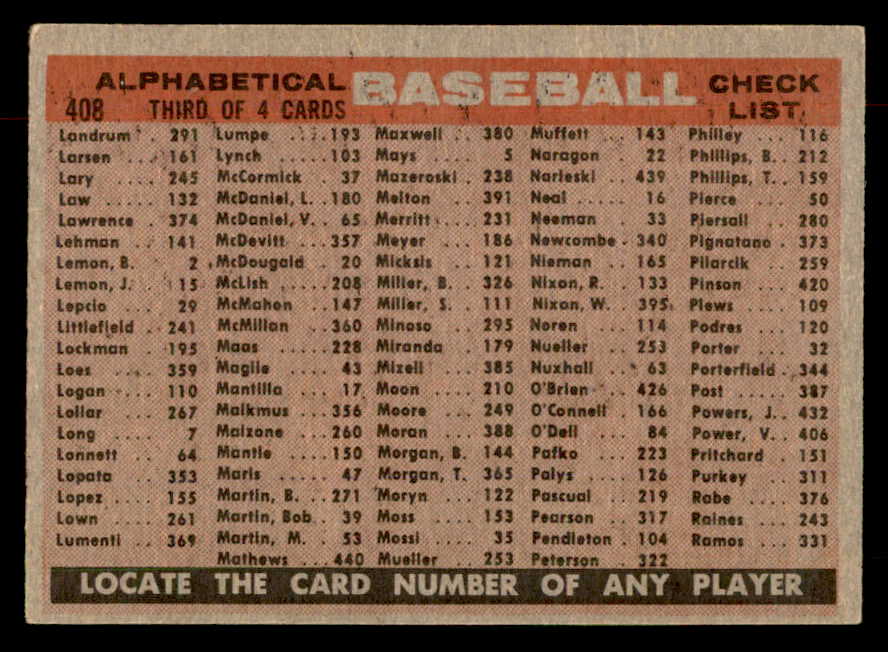 1958 Topps Baseball #408 Baltimore Orioles Team EX 552961