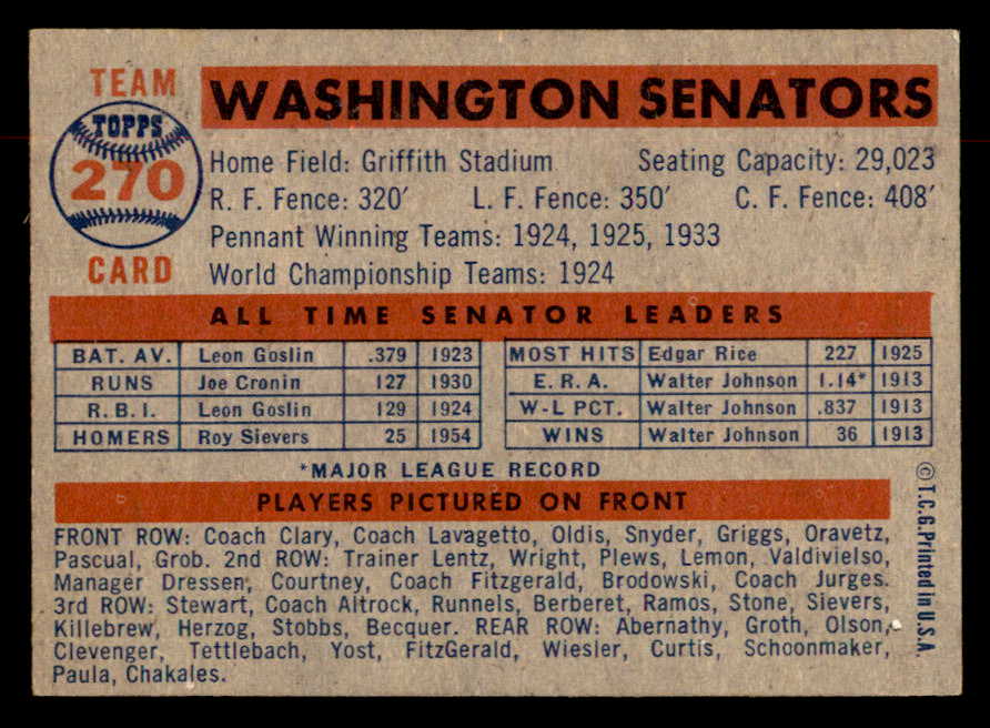 1957 Topps Baseball #270 Washington Senators Team EX 552969