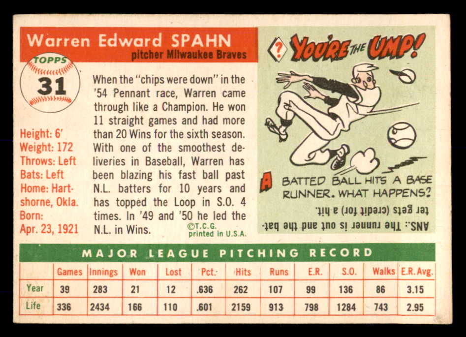 1955 Topps Baseball #031 Warren Spahn Braves EX+/EX-MT 553011