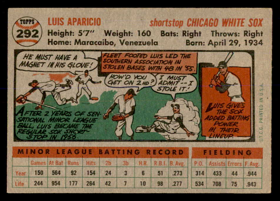 1956 Topps Baseball #292 Luis Aparicio White Sox EX 553015