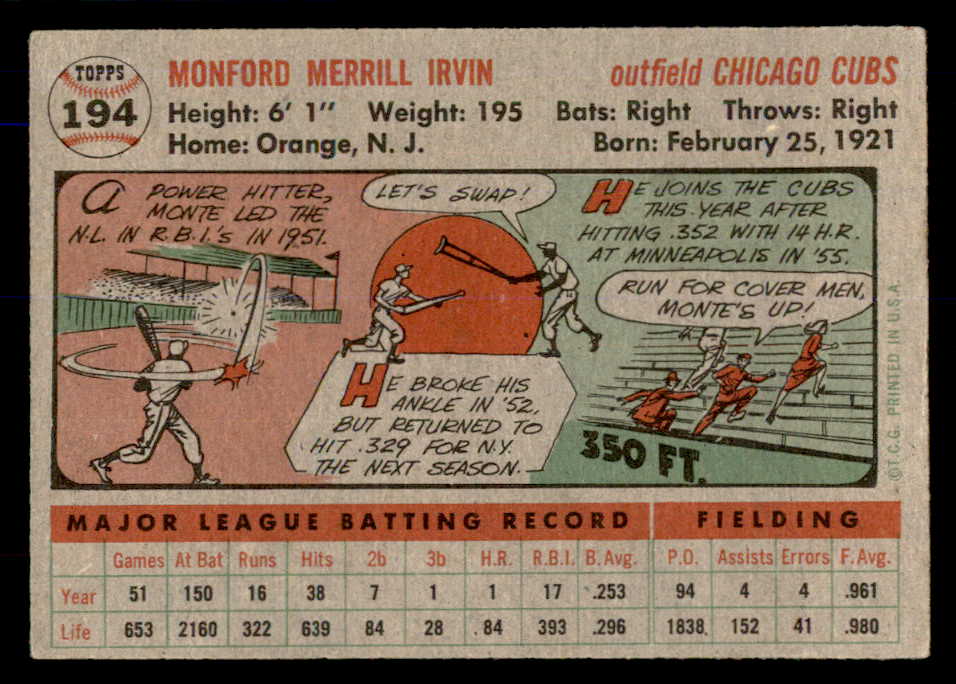 1956 Topps Baseball #194 Monte Irvin Cubs EX 553055