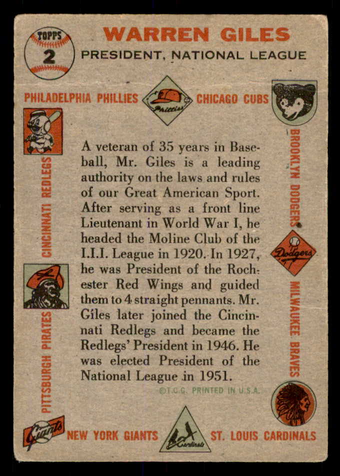 1956 Topps Baseball #002 Warren Giles President VG Gray 553070