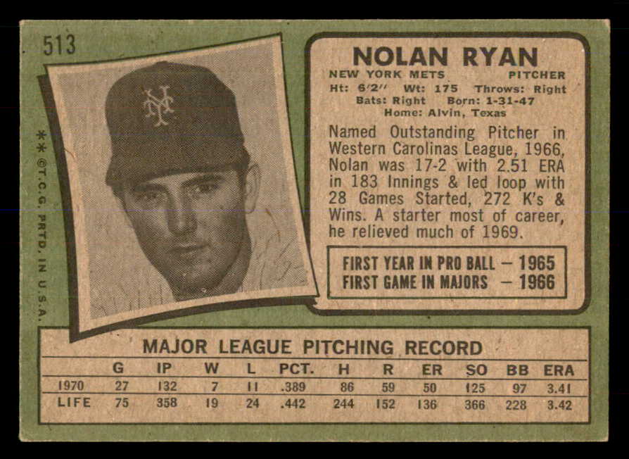 1971 Topps Baseball #513 Nolan Ryan Mets VG-EX/EX 553076