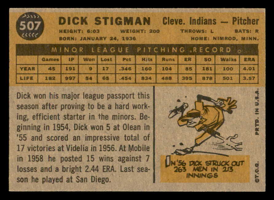 1960 Topps Baseball #507 Dick Stigman Indians EX+/EX-MT 553200
