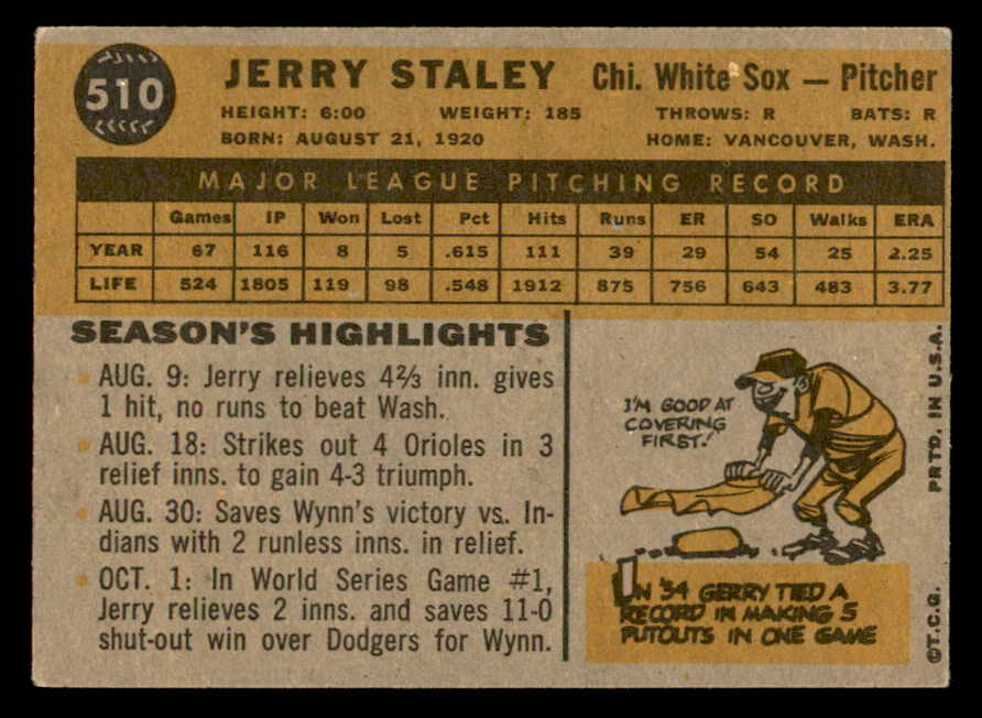 1960 Topps Baseball #510 Jerry Staley White Sox VG-EX 553202