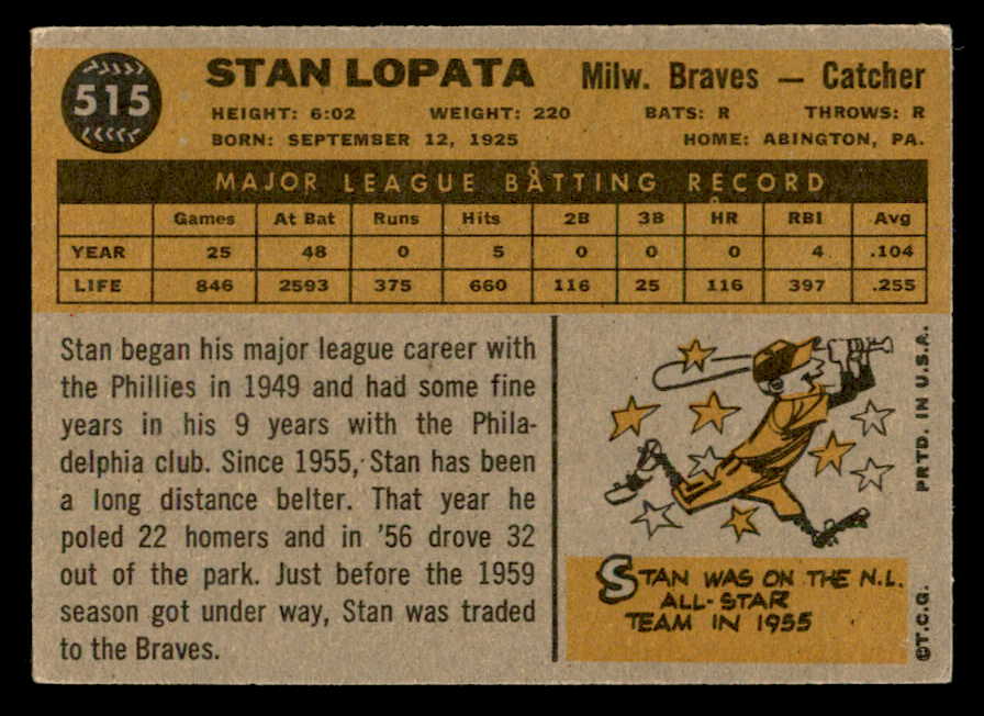 1960 Topps Baseball #515 Stan Lopata Braves VG-EX 553209