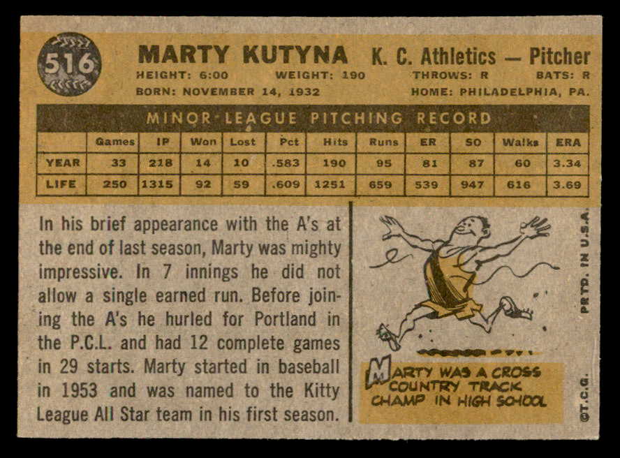 1960 Topps Baseball #516 Marty Kutyna A's EX-MT 553211