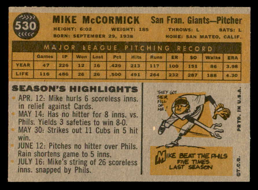 1960 Topps Baseball #530 Mike McCormick Giants EX-MT 553228