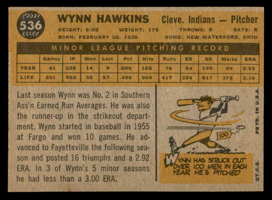 1960 Topps Baseball #536 Wynn Hawkins Indians EX-MT 553237