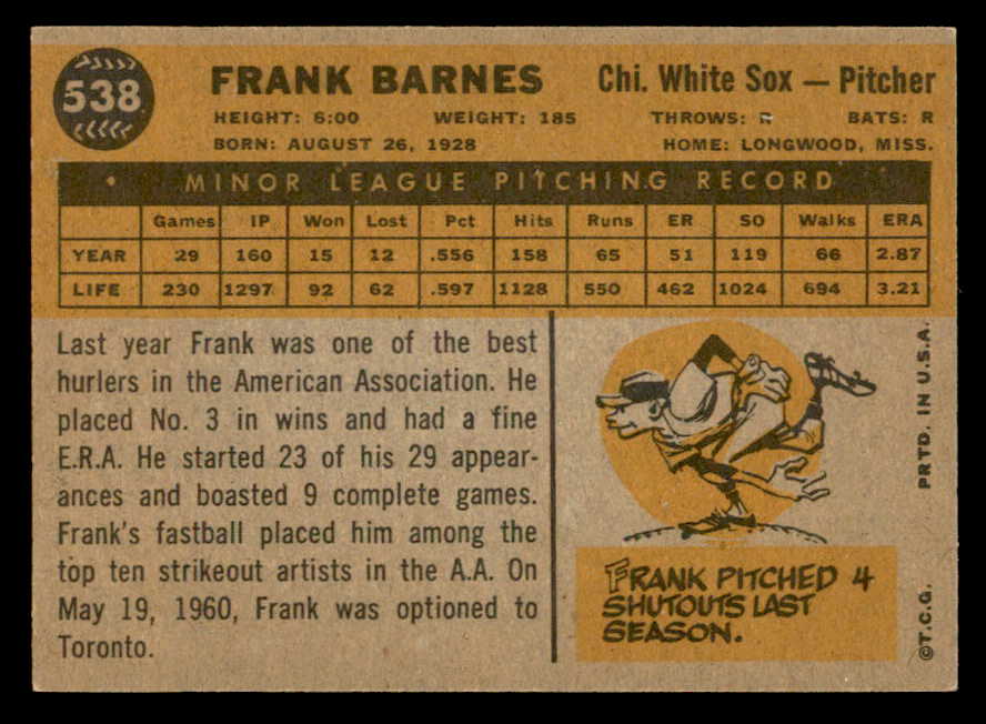 1960 Topps Baseball #538 Frank Barnes White Sox EX-MT 553238