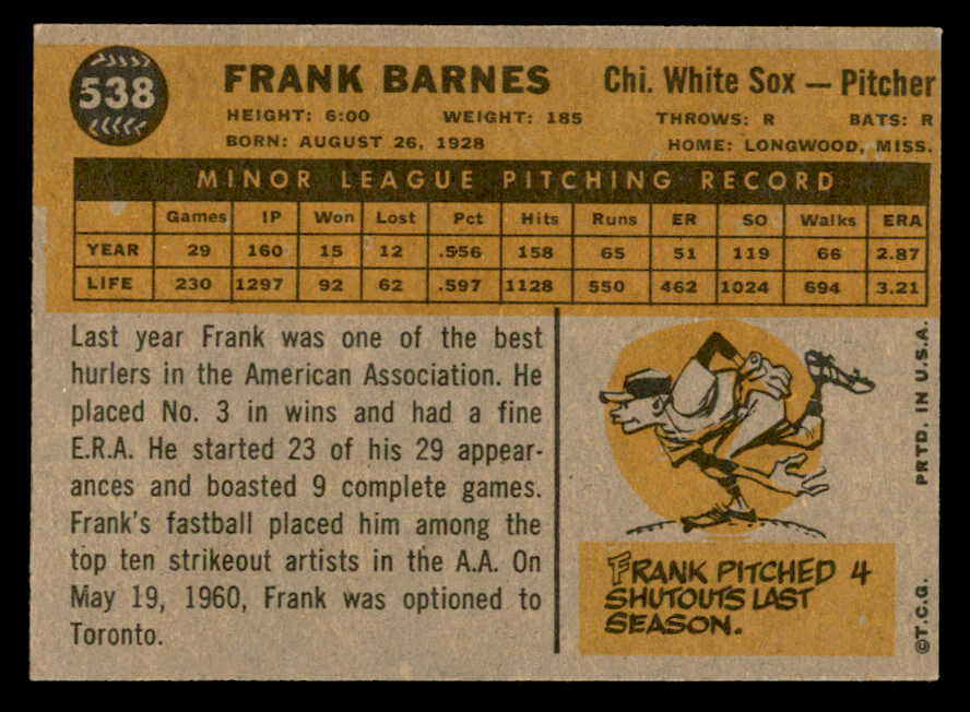 1960 Topps Baseball #538 Frank Barnes White Sox EX-MT 553239