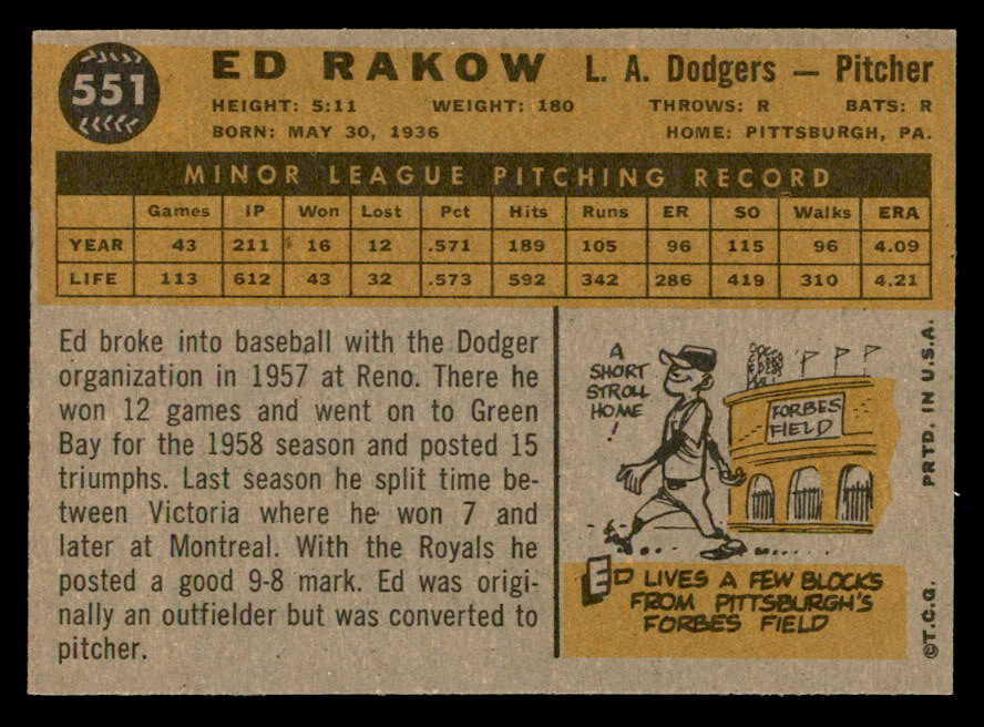 1960 Topps Baseball #551 Ed Rakow Dodgers NR-MT 553256