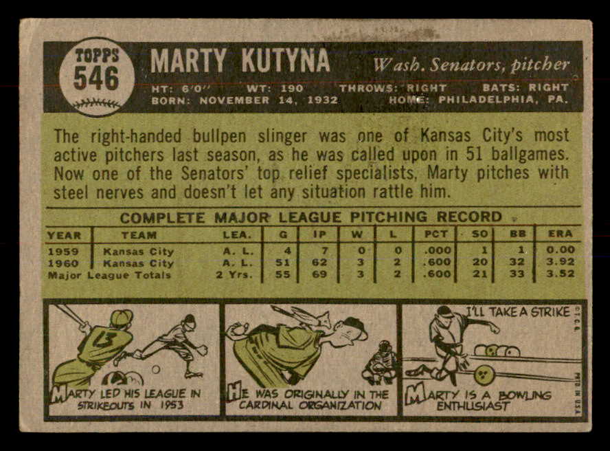 1961 Topps Baseball #546 Marty Kutyna Senators VG-EX 553299