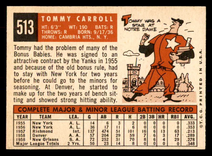 1959 Topps Baseball #513 Tommy Carroll A's EX 553356
