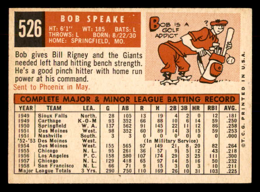 1959 Topps Baseball #526 Bob Speake Giants EX-MT 553366