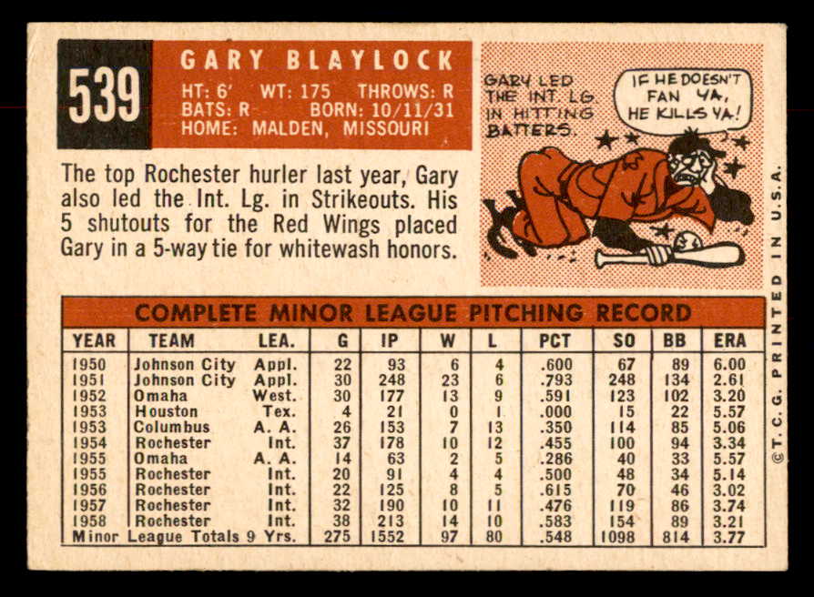 1959 Topps Baseball #539 Gary Blaylock Cardinals VG-EX 553379