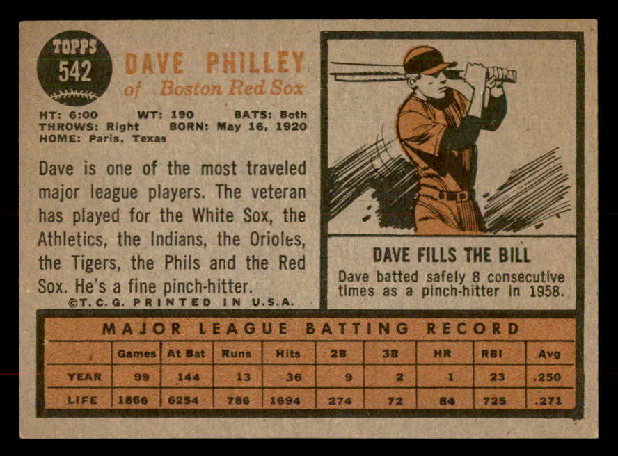 1962 Topps Baseball #542 Dave Philley Red Sox EX-MT 553434