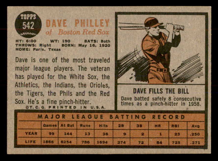 1962 Topps Baseball #542 Dave Philley Red Sox EX-MT 553435
