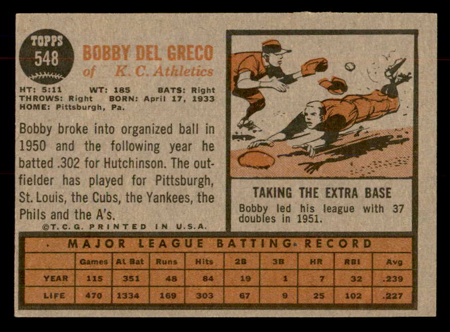 1962 Topps Baseball #548 Bobby Del Greco A's EX-MT 553443