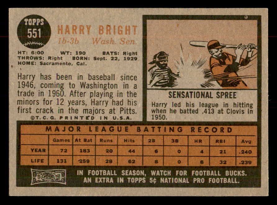 1962 Topps Baseball #551 Harry Bright Senators EX-MT 553448