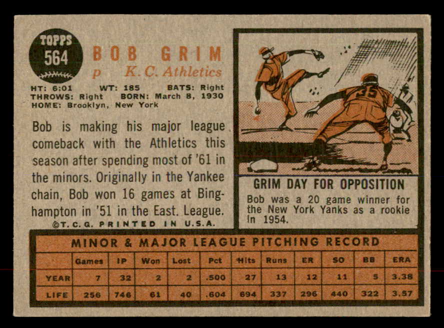 1962 Topps Baseball #564 Bob Grim A's EX 553475