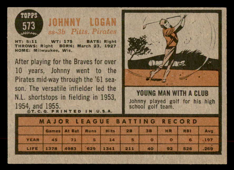 1962 Topps Baseball #573 Johnny Logan Pirates EX 553494