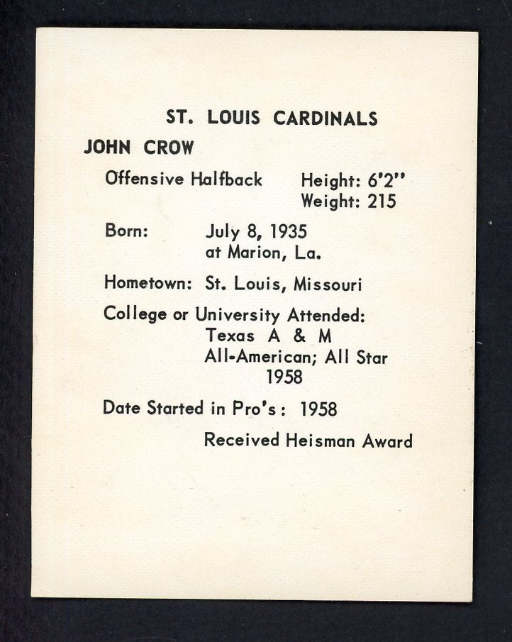 1963 Kahns Football John Crow Cardinals EX 553537