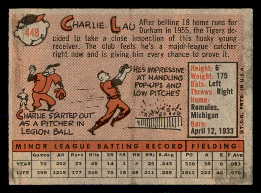 1958 Topps Baseball #448 Charlie Lau Tigers NR-MT 553674