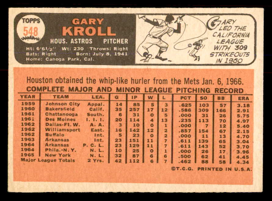 1966 Topps Baseball #548 Gary Kroll Astros EX-MT 553743