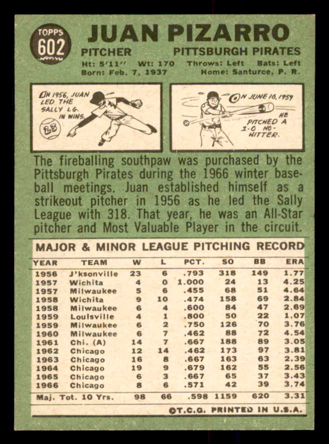 1967 Topps Baseball #602 Juan Pizarro Pirates NR-MT 554308