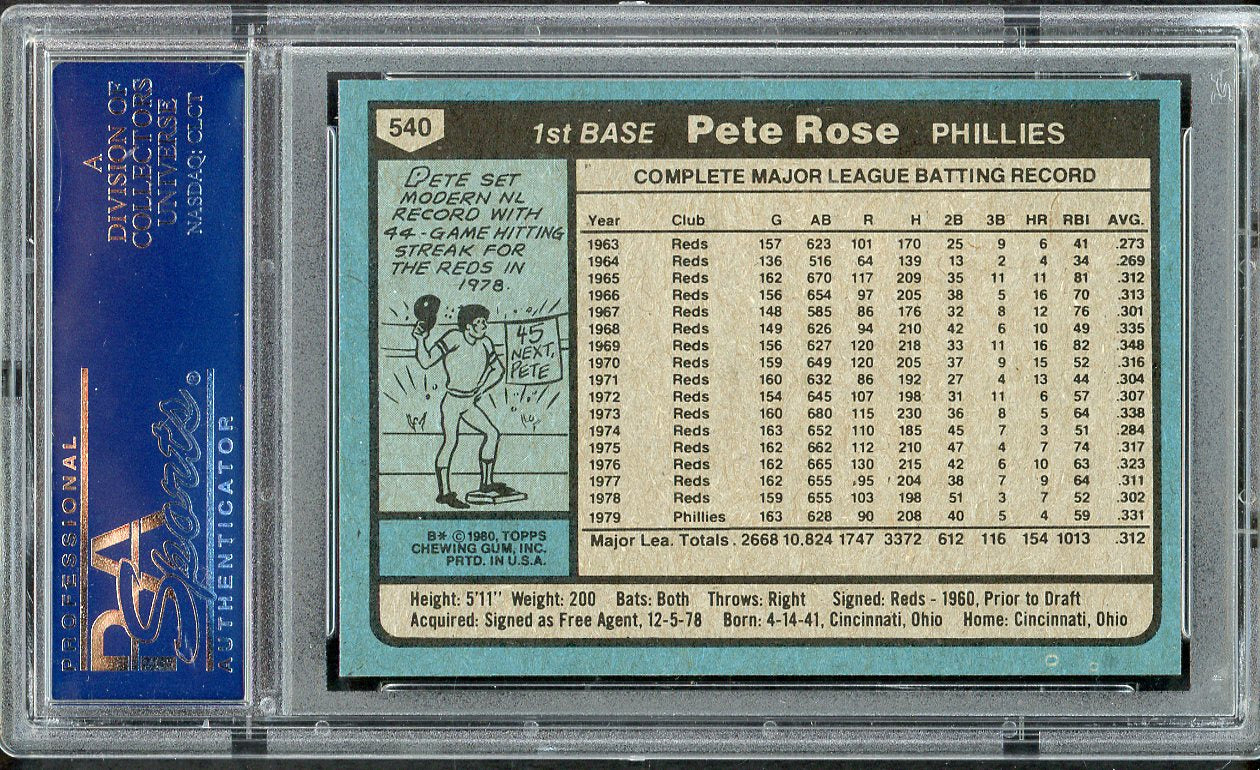 1980 Topps Baseball #540 Pete Rose Phillies PSA 8 NM/MT 554817