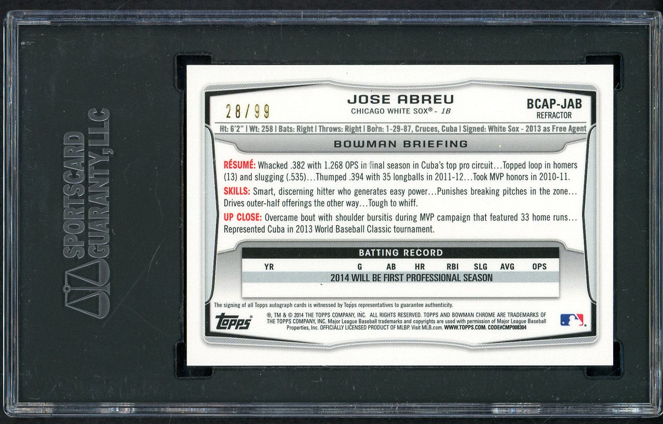 2014 Bowman Chrome Refractor #BCAPJAB Jose Abreu White Sox SGC 9 MINT Black Autograph 554863