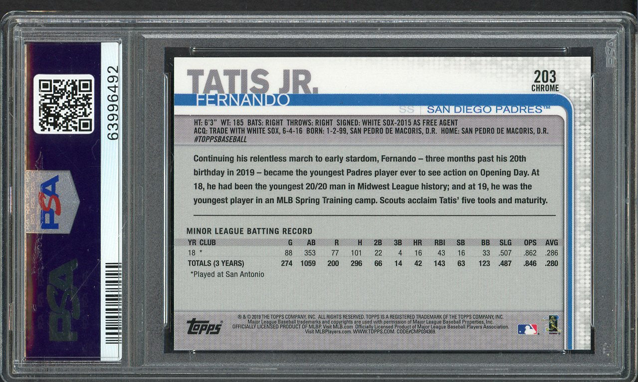 2019 Topps Chrome #203 Fernando Tatis Jr Padres PSA 10 GEM MINT Refractor 555078