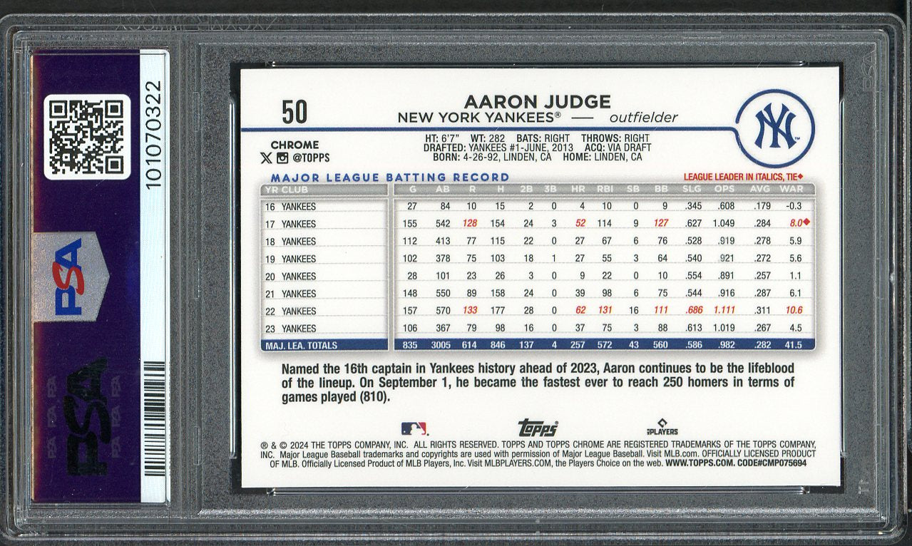 2024 Topps Chrome #050 Aaron Judge Yankees PSA 10 GEM MINT 555163
