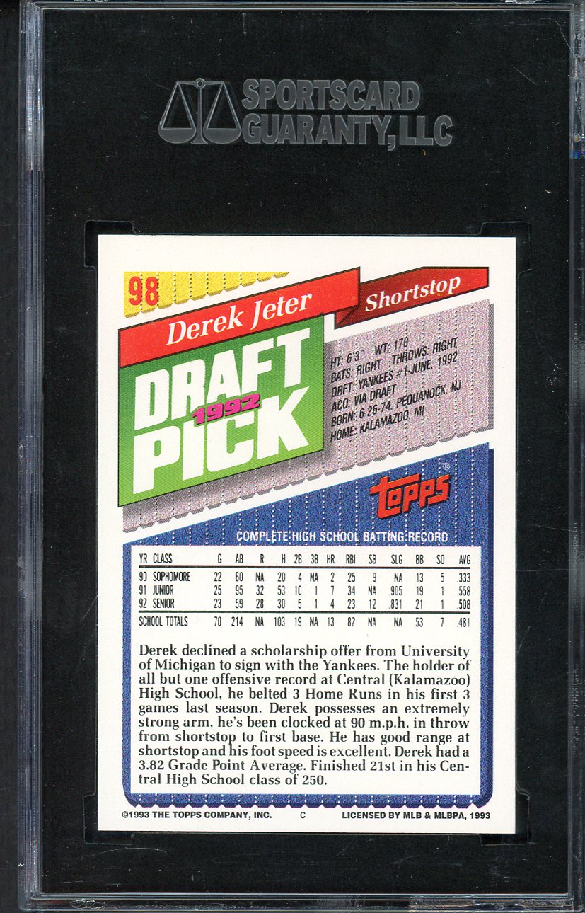 1993 Topps #098 Derek Jeter Yankees SGC 8 NM/MT 555236