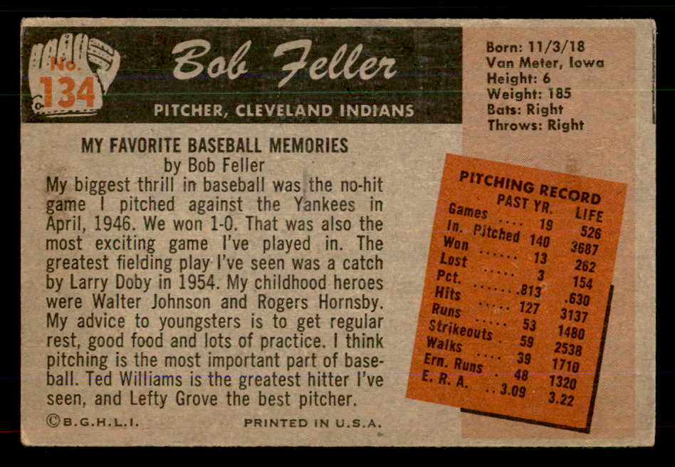1955 Bowman Baseball #134 Bob Feller Indians EX 555556