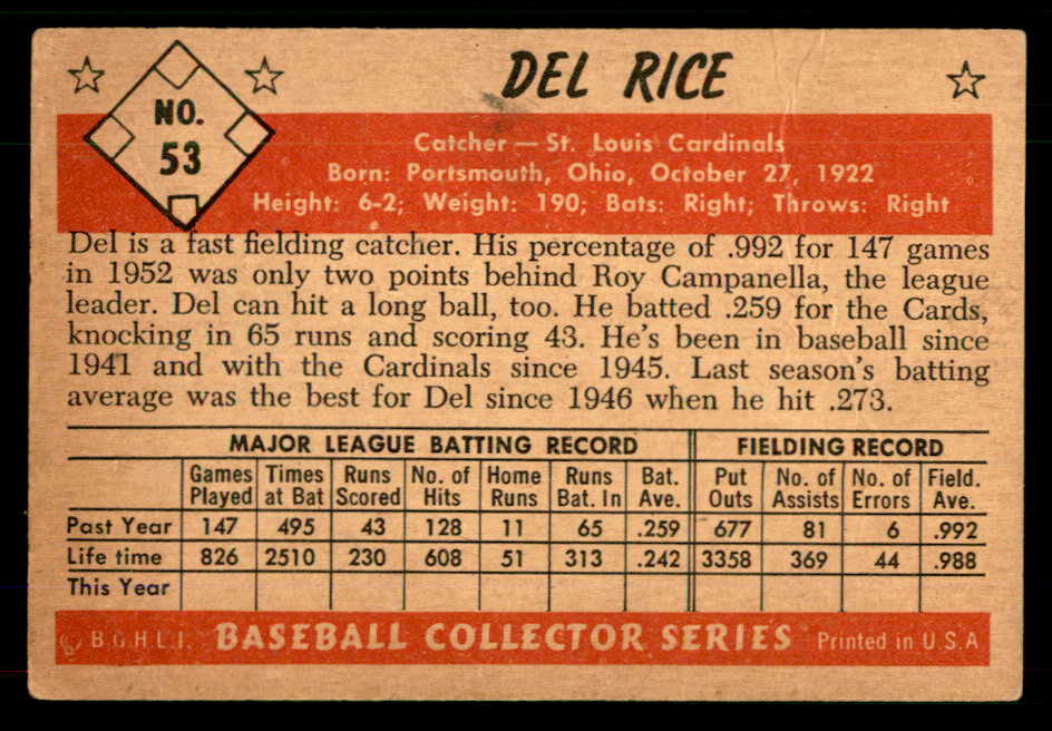 1953 Bowman Color Baseball #053 Del Rice Cardinals GD-VG 555562