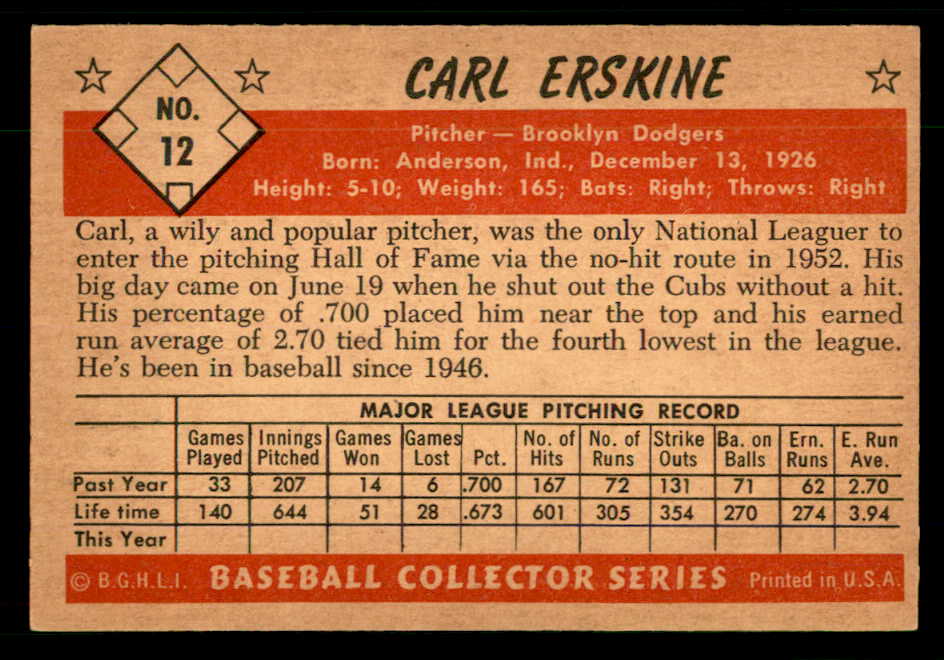 1953 Bowman Color Baseball #012 Carl Erskine Dodgers EX 555568