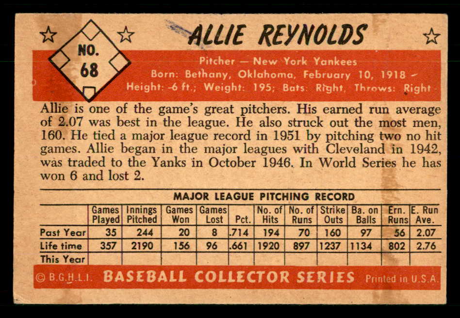 1953 Bowman Color Baseball #068 Allie Reynolds Yankees EX+/EX-MT back scuff 555569