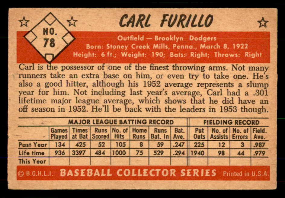 1953 Bowman Color Baseball #078 Carl Furillo Dodgers EX+/EX-MT 555571