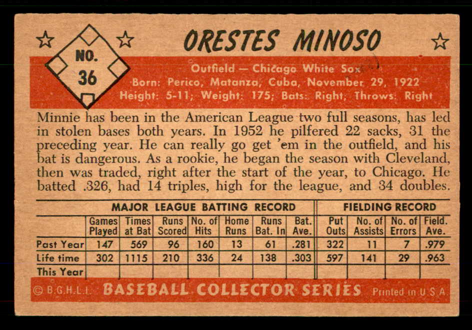 1953 Bowman Color Baseball #036 Minnie Minoso White Sox EX+/EX-MT 555574