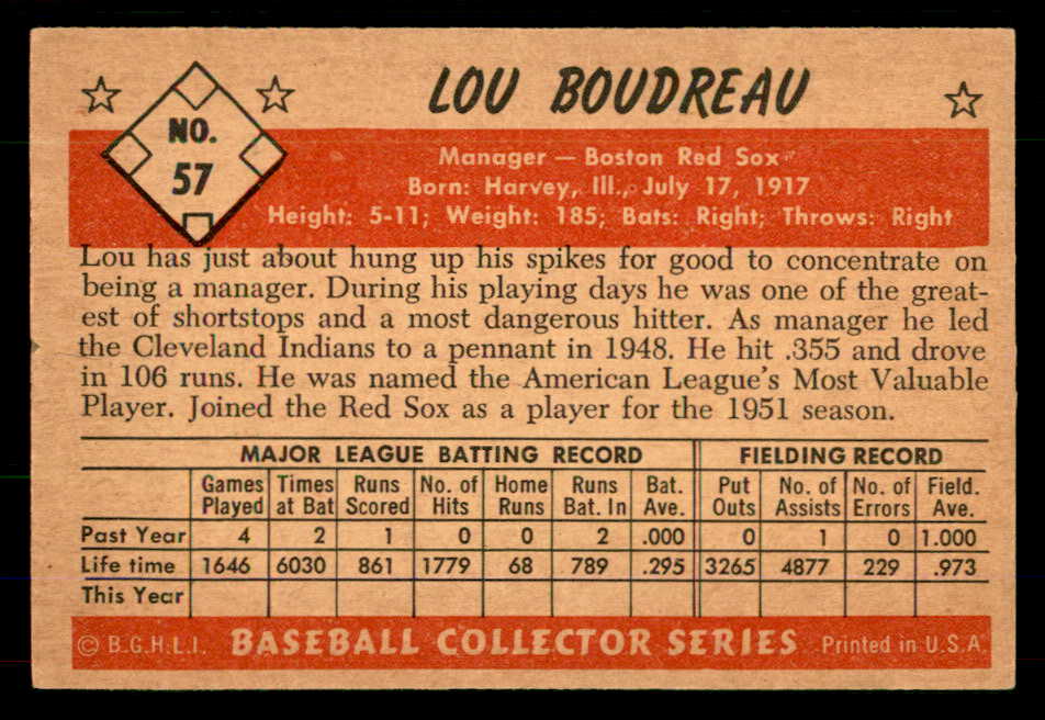 1953 Bowman Color Baseball #057 Lou Boudreau Red Sox VG-EX 555586