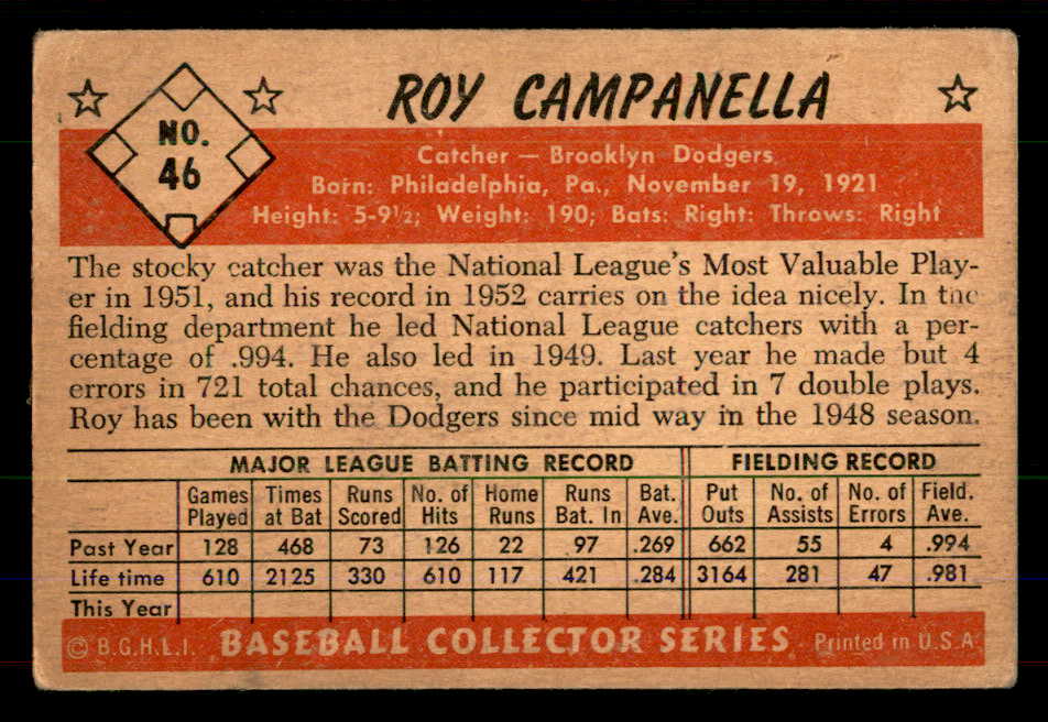 1953 Bowman Color Baseball #046 Roy Campanella Dodgers VG 555591