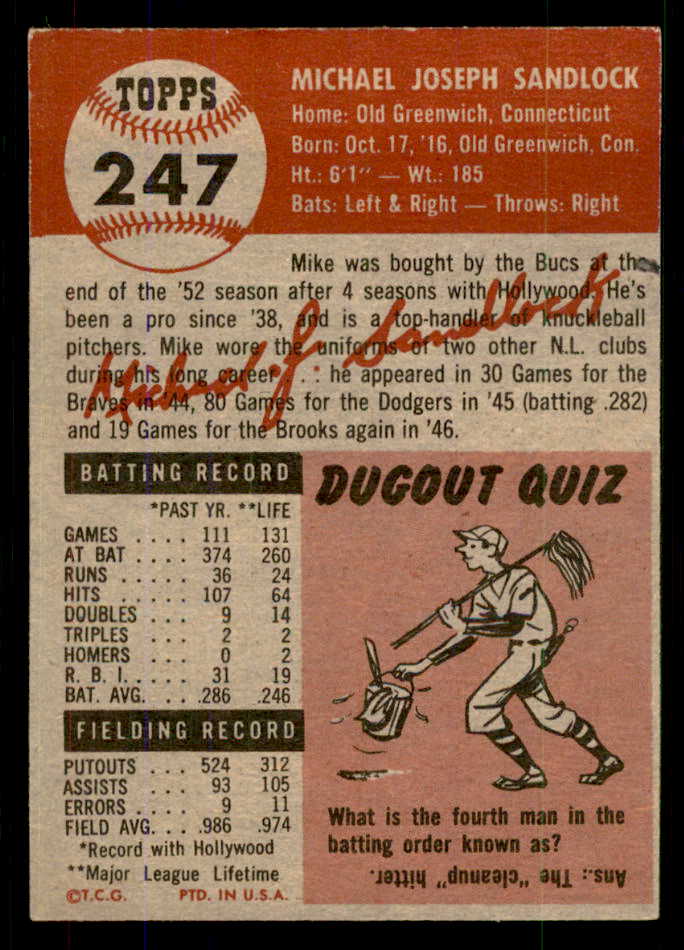 1953 Topps Baseball #247 Mike Sandlock Pirates EX 555606