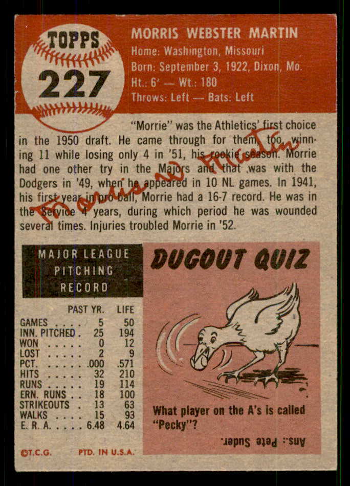 1953 Topps Baseball #227 Morrie Martin A"S EX 555617