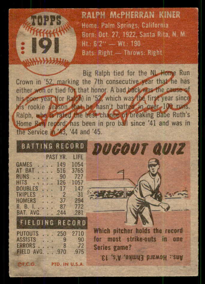 1953 Topps Baseball #191 Ralph Kiner Pirates EX+/EX-MT 555623